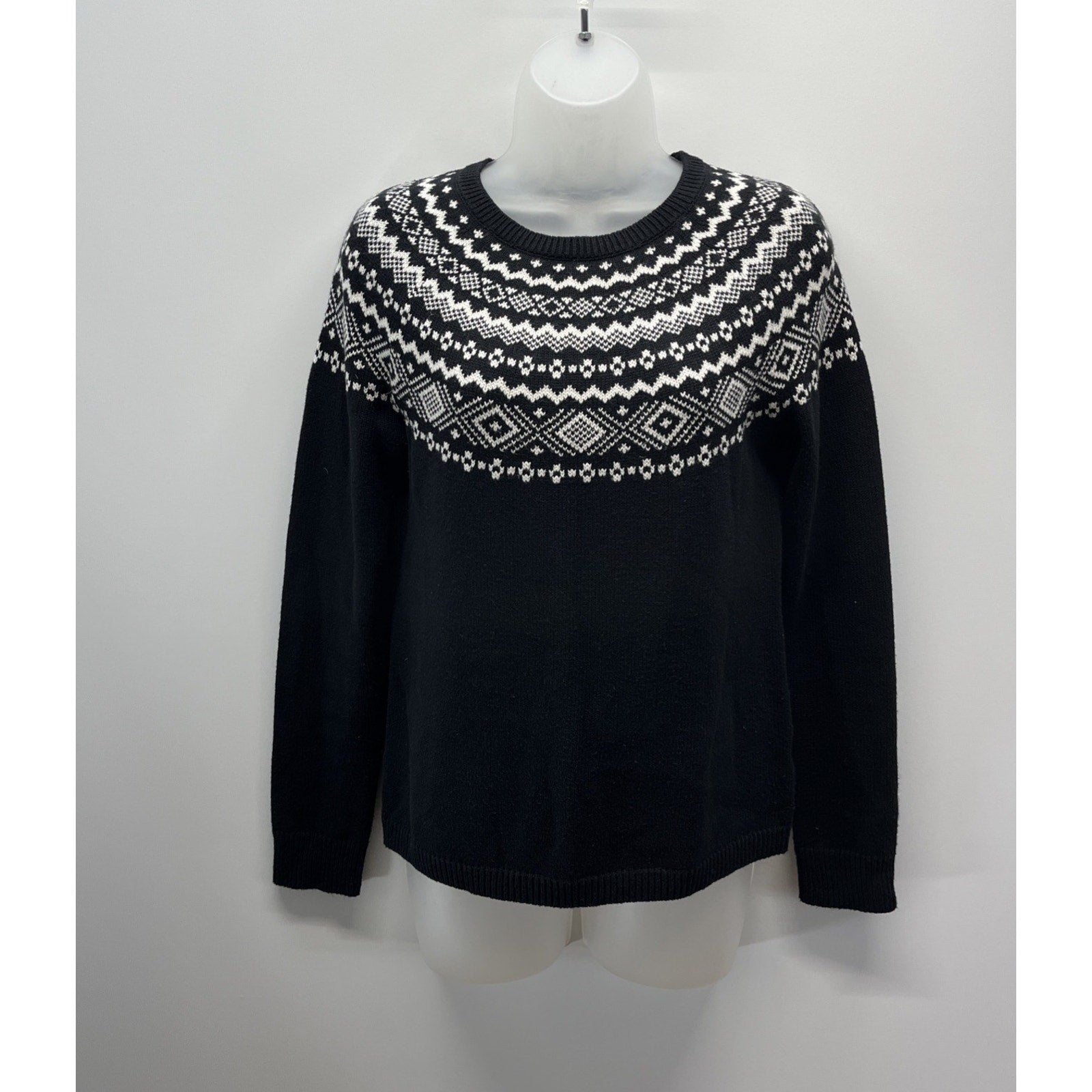 Talbots Nordic Print Sweater Size XS Black White Dolman Sleeves