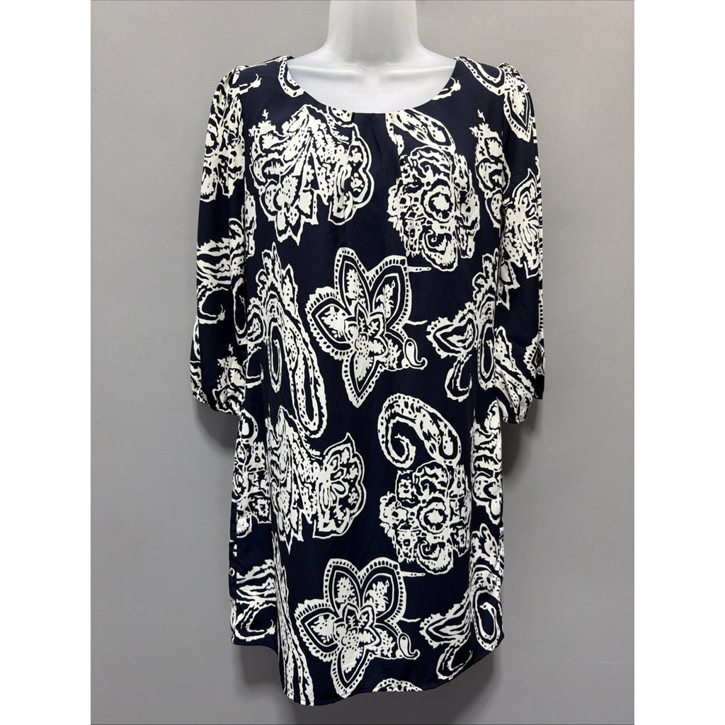 Pink Owl sz Small Lined Blue Paisley 3/4 sleeve boho pullover Babydoll dress