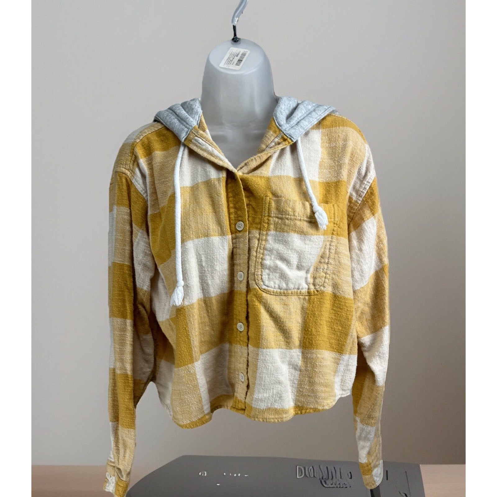 American Eagle Flannel Shirt Yellow Ivory Hooded Button Up Long Sleeve Size M