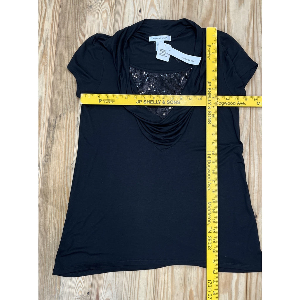 NWT August Silk Top Black Sequin Pullover Round Neck Short Sleeve Size S