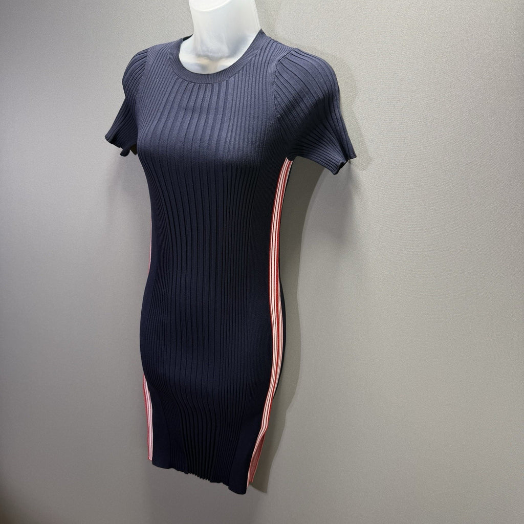 REO Womens Small NWT Navy Ribbed Knit Bodycon Dress Red White Side Stripe Mini