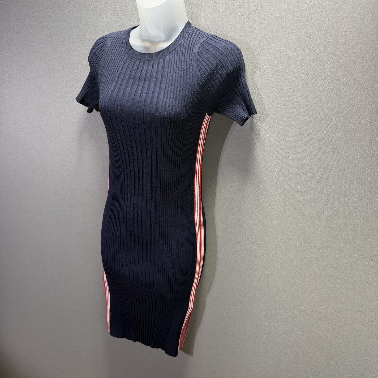 REO Womens Small NWT Navy Ribbed Knit Bodycon Dress Red White Side Stripe Mini