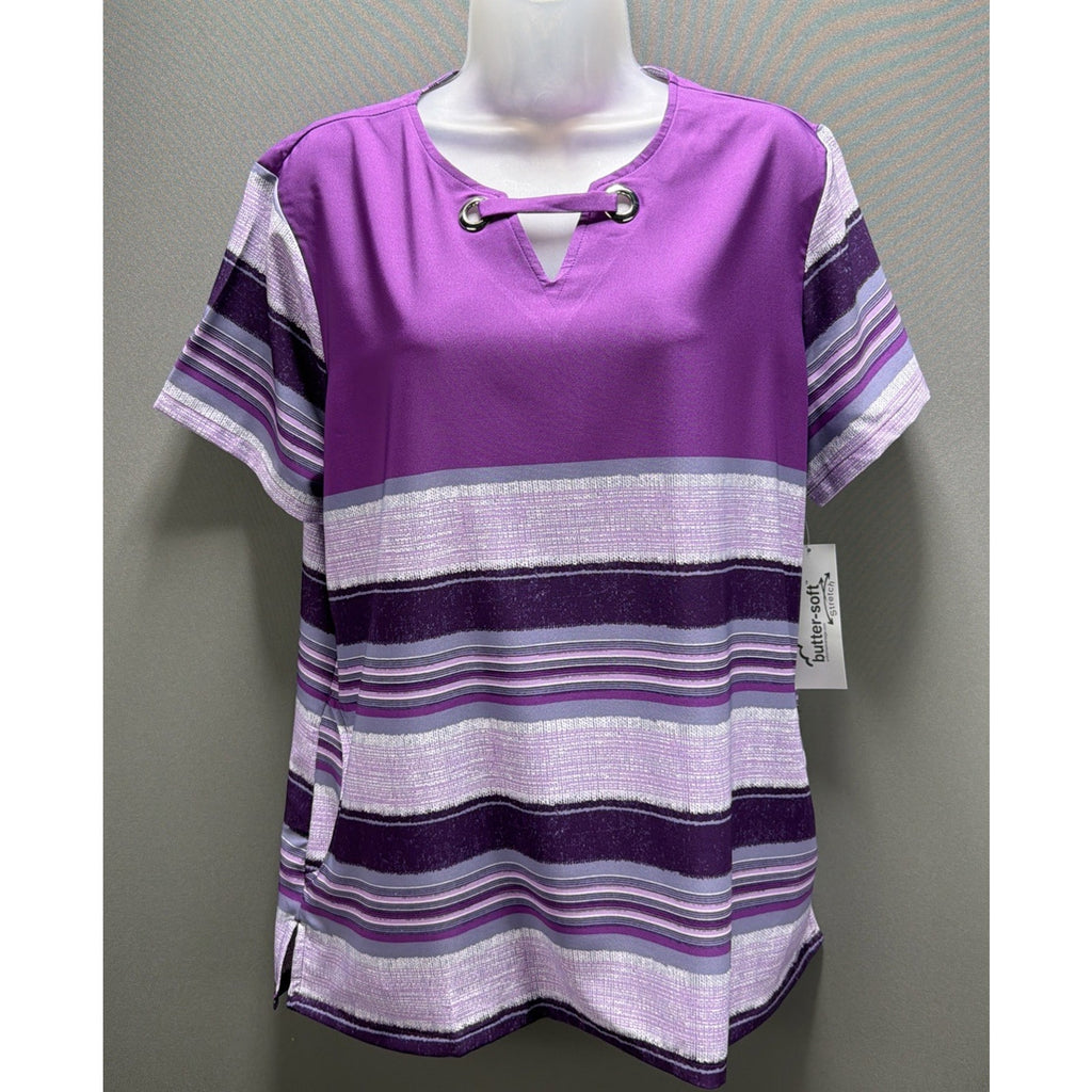 NEW ! BUTTER SOFT STRETCH MULTI COLOR PURPLE SCRUB TOP POCKETS SIZE L NWT