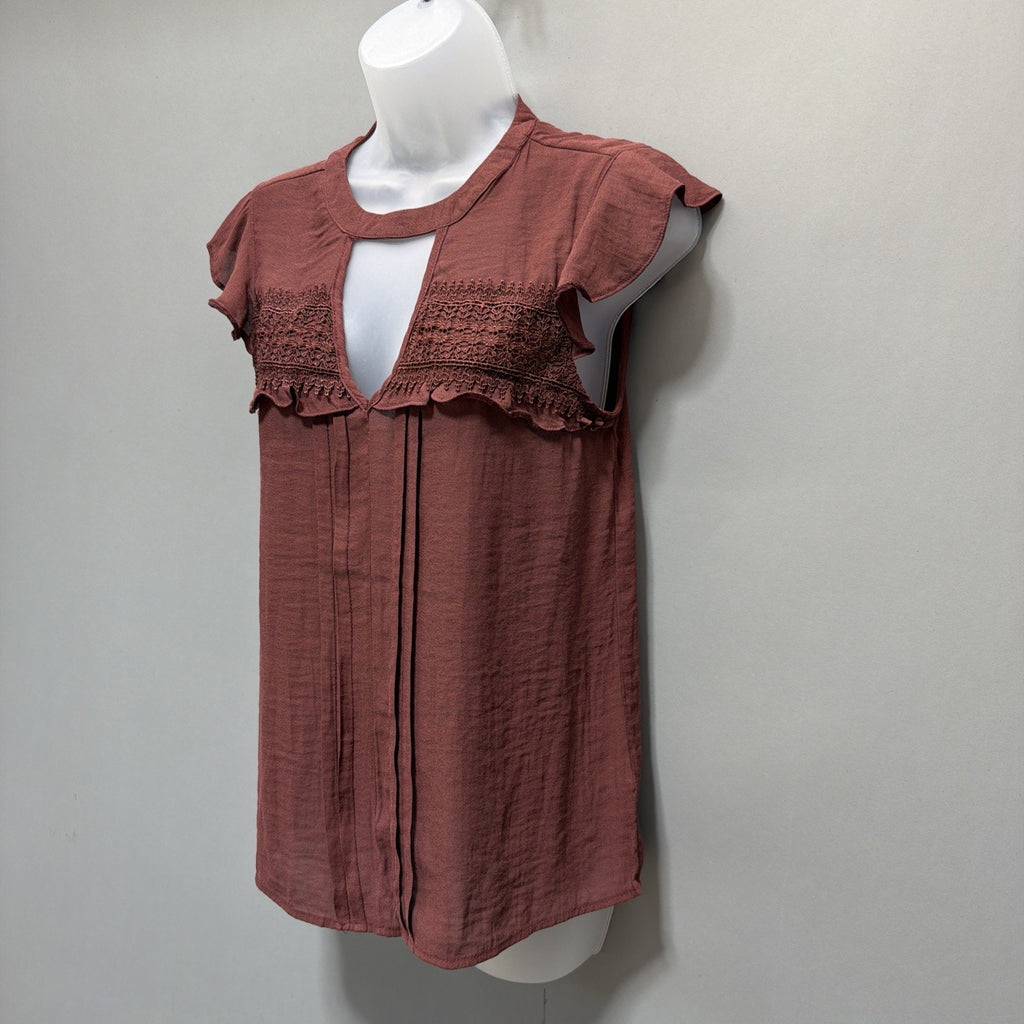 Maurices Womens S Rust Boho Blouse Lace Yoke Keyhole Flutter Sleeve NWT
