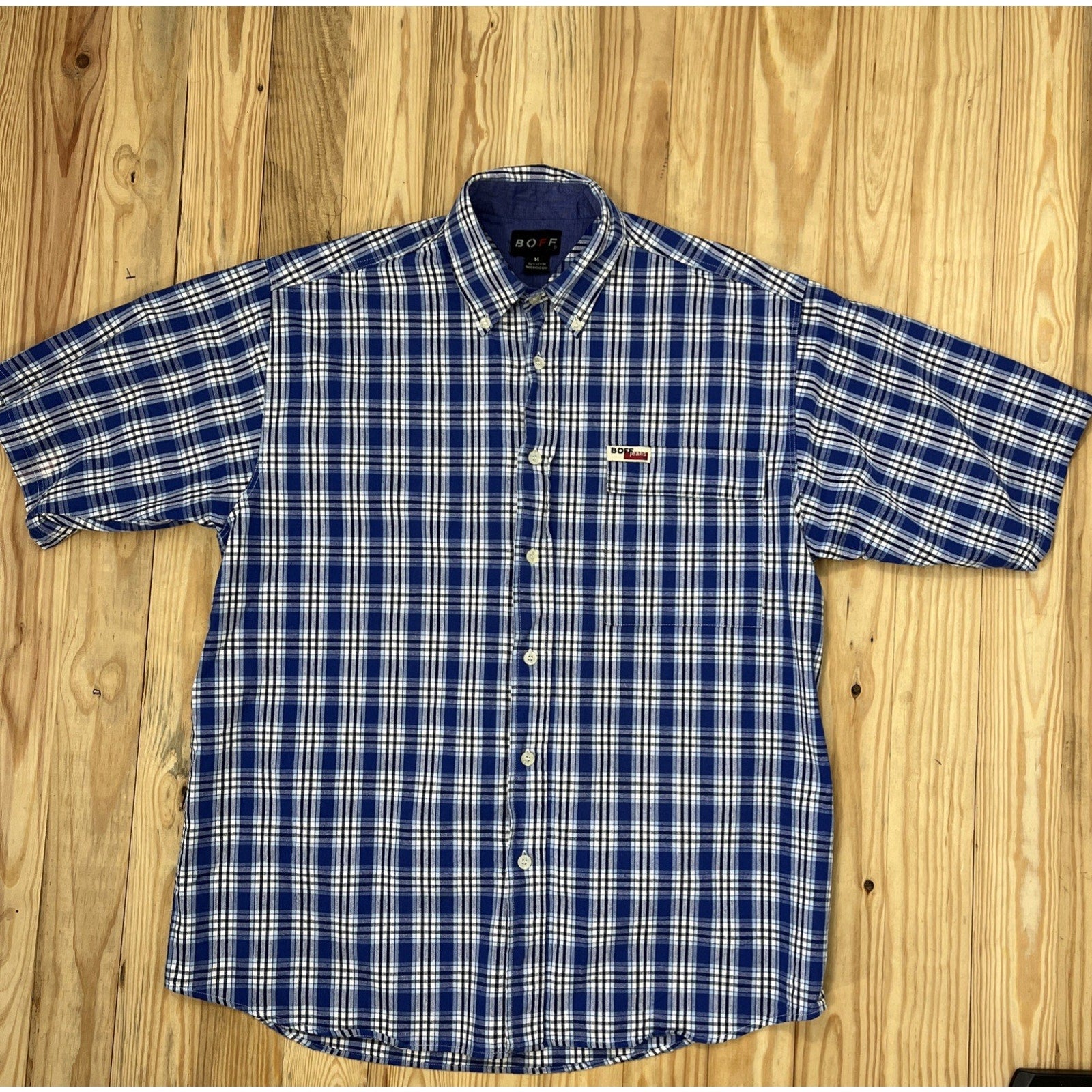 BOFF Button Down Shirts Men's Size M Casual Plaid Blue Short Sleeve Pocket EUC