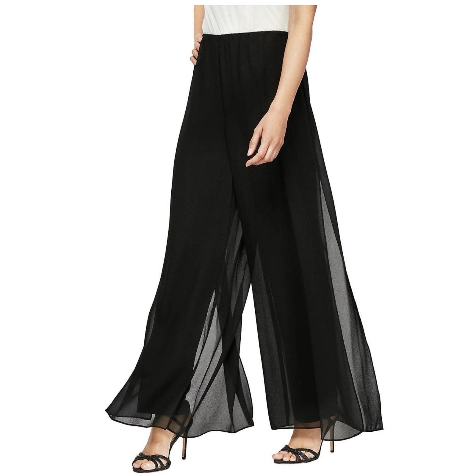 Adrianna Papell Semi Sheer Wide Leg Chiffon Pants Elastic Waist Black 10P New