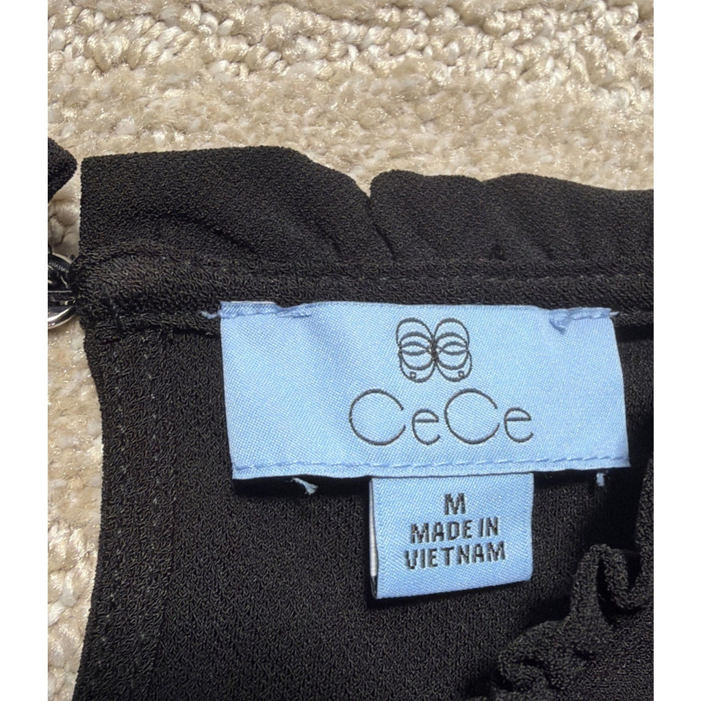 CeCe by Cynthia Steffe Black Puff Sleeve Ruffle Neck Blouse Top Women’s M NWT