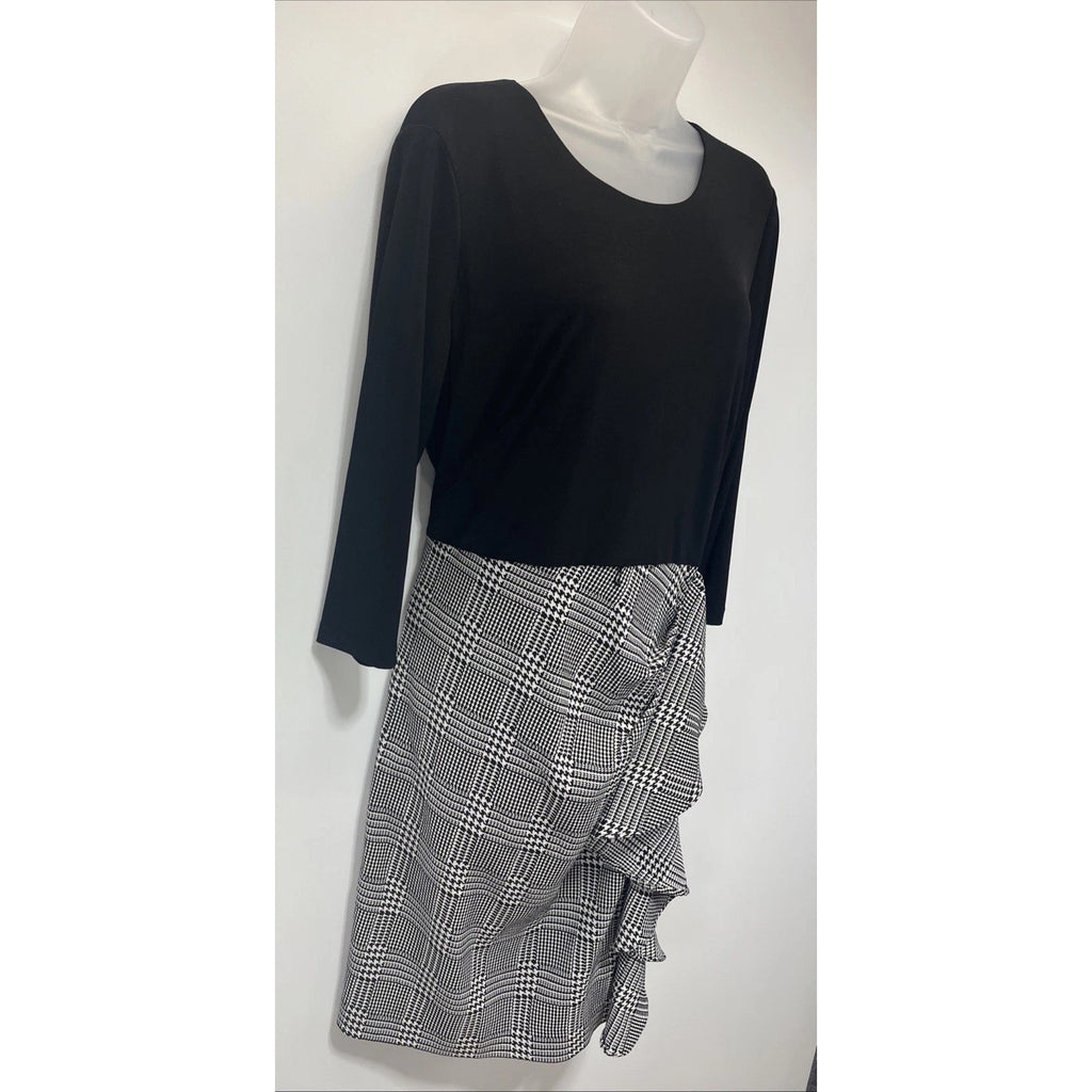 Calvin Klein Size 16 Sheath Dress Black Gray Ruffled Skirt 3/4 Sleeve Women’s