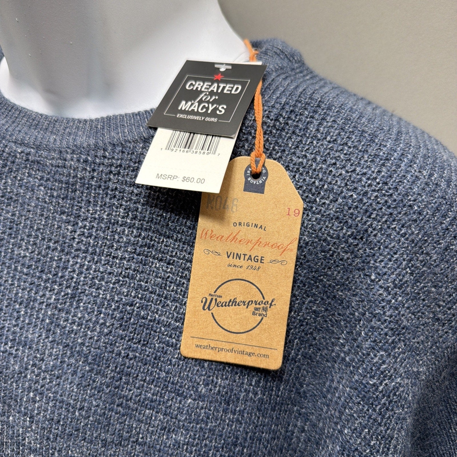 New Weatherproof Men's Medium Denim Blue Waffle Knit Crewneck Sweater