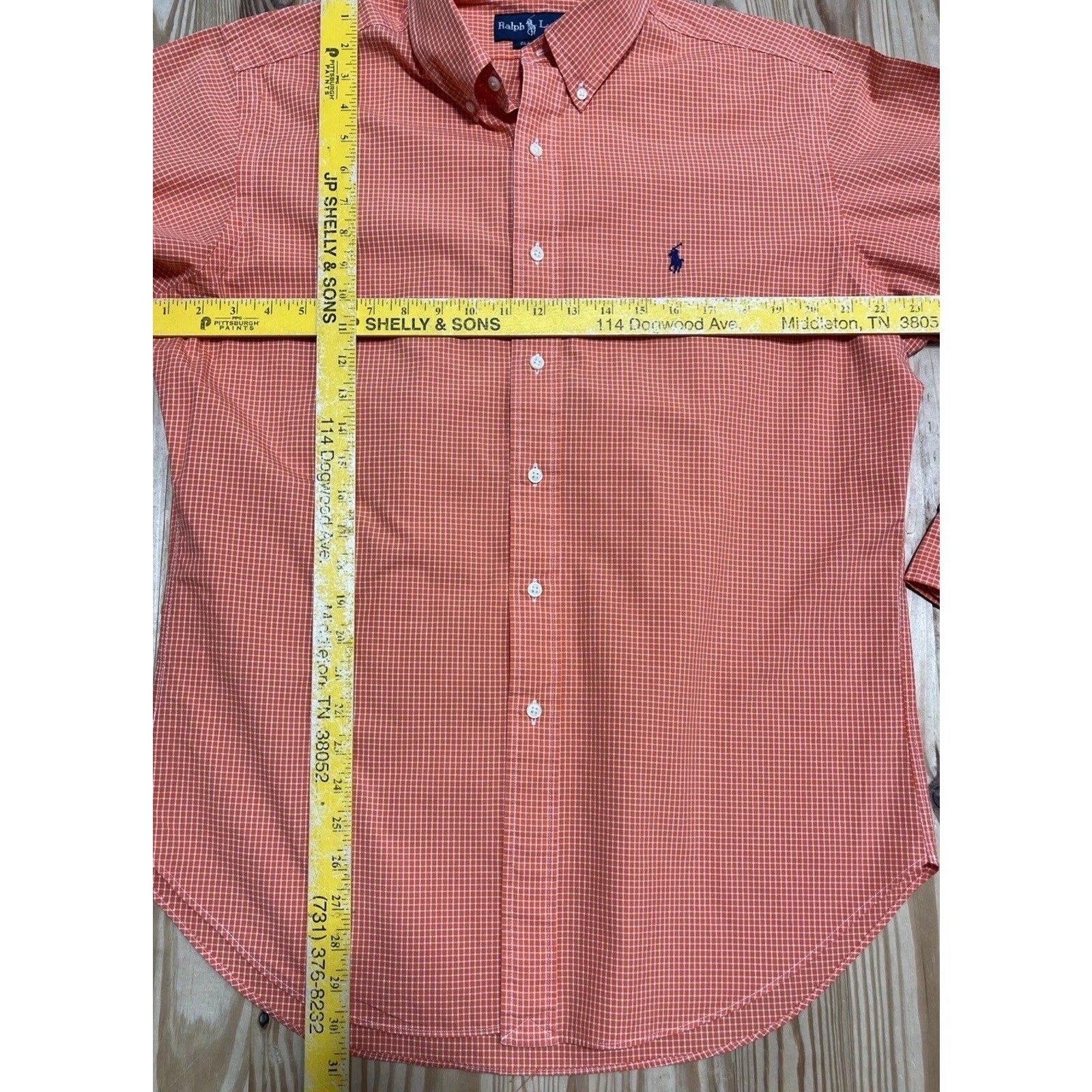 Ralph Lauren Classic Fit Orange Gingham Plaid L/S Button Shirt 100% Cotton Sz L