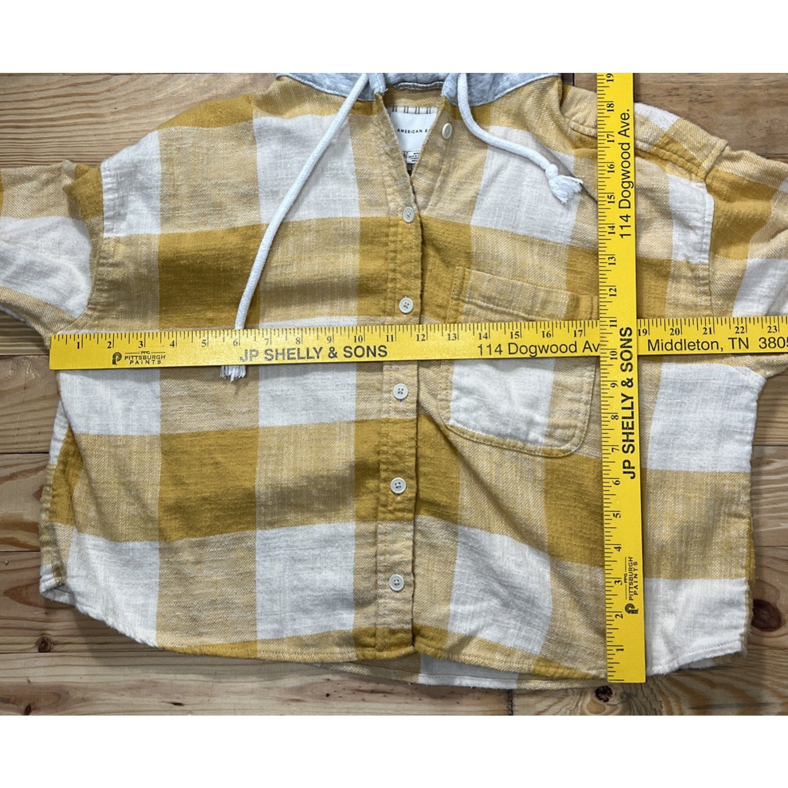 American Eagle Flannel Shirt Yellow Ivory Hooded Button Up Long Sleeve Size M