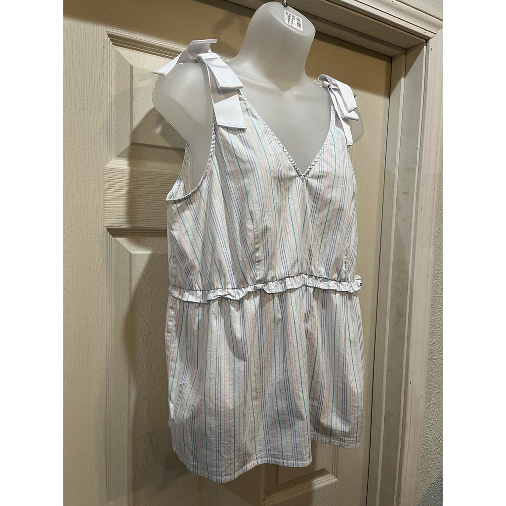 Belle & Sky White Sleeveless Striped Bow Shoulder Top Blouse Women's Size Large