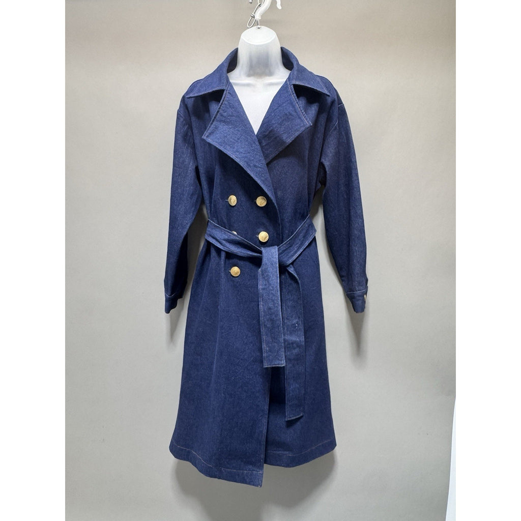 Naome House Adorn Dark Wash Denim Double Breast Trench Coat Gold Button New S/M