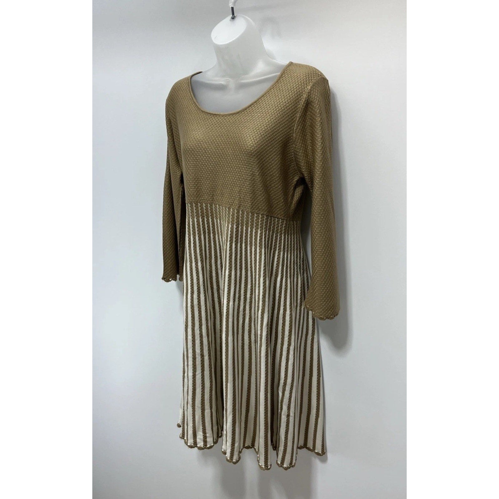 Calvin Klein Vintage Knit Beige Tan Color Block Midi 3/4 Sleeve Sweater Dress XL