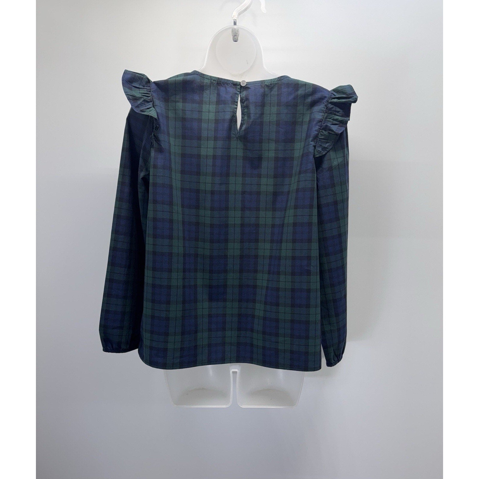 J.Crew Factory Blue Green Plaid Cotton Poplin Top with Ruffles Womens Size Small
