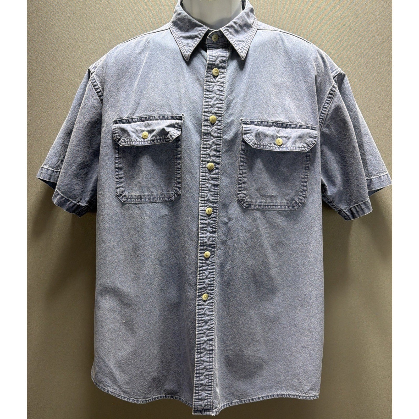 Vtg 90s LL Bean Men L Shirt Blue Sunwashed Fade Canvas Button Up Made Canada