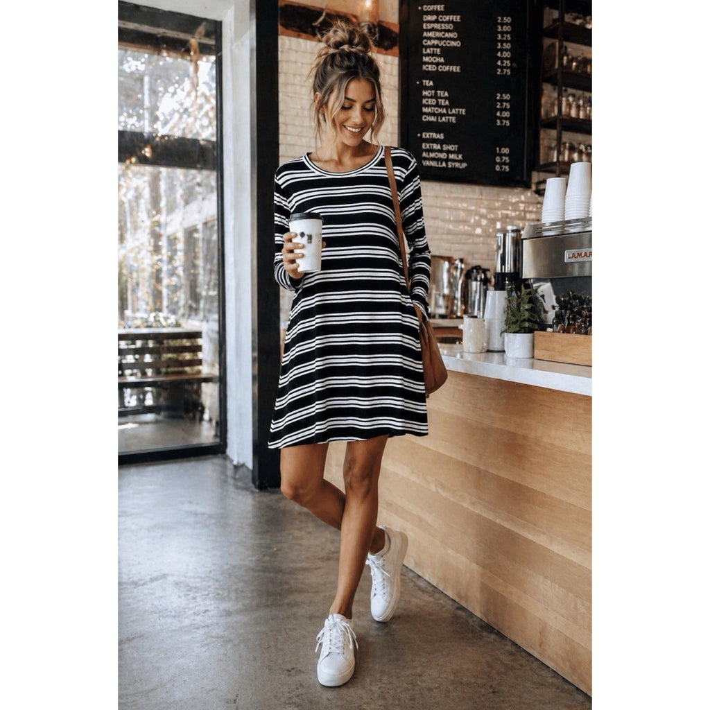 LOFT Outlet Lounge Dress S Black White Striped Swing Tunic Soft Stretch Casual