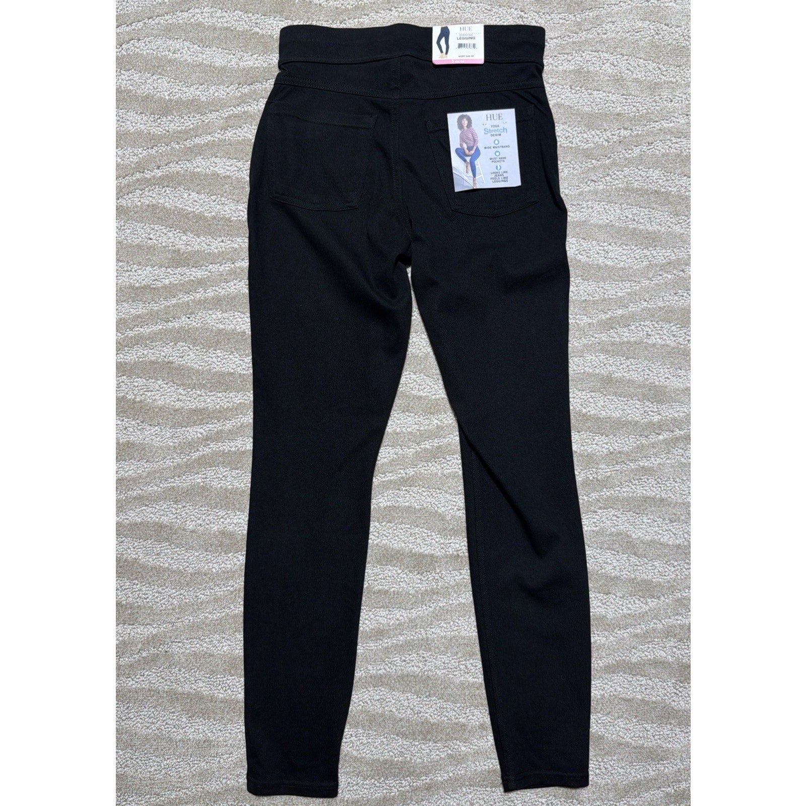 HUE Black Yoga Stretch Denim High Rise Back Pockets Full Length Legging Sz S 4-6