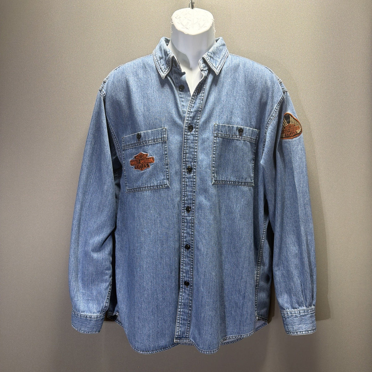 Vtg Harley Davidson Shirt Large Button Up Light Blue Denim Embroidered