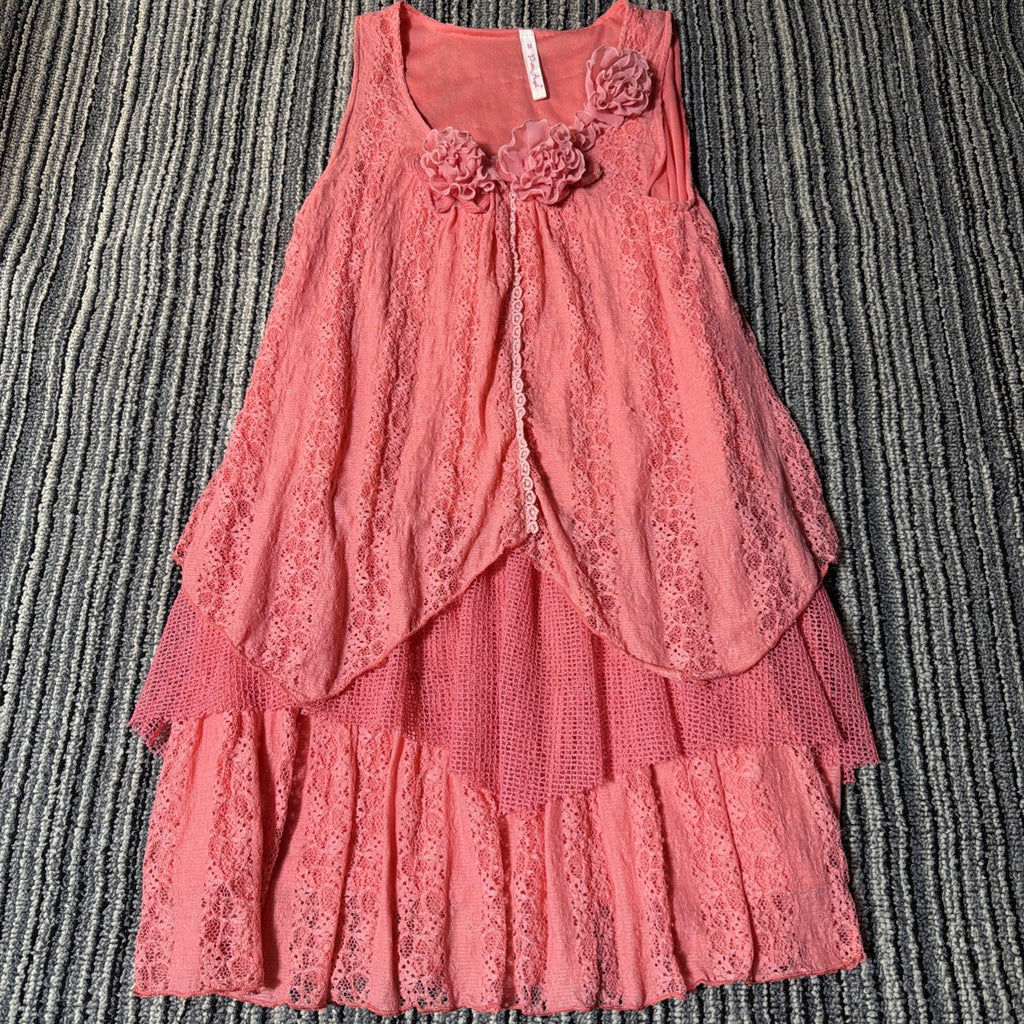 Pretty Angel Tiered Silk Mini Dress Flower Embellishment Size M Stretch Flowy