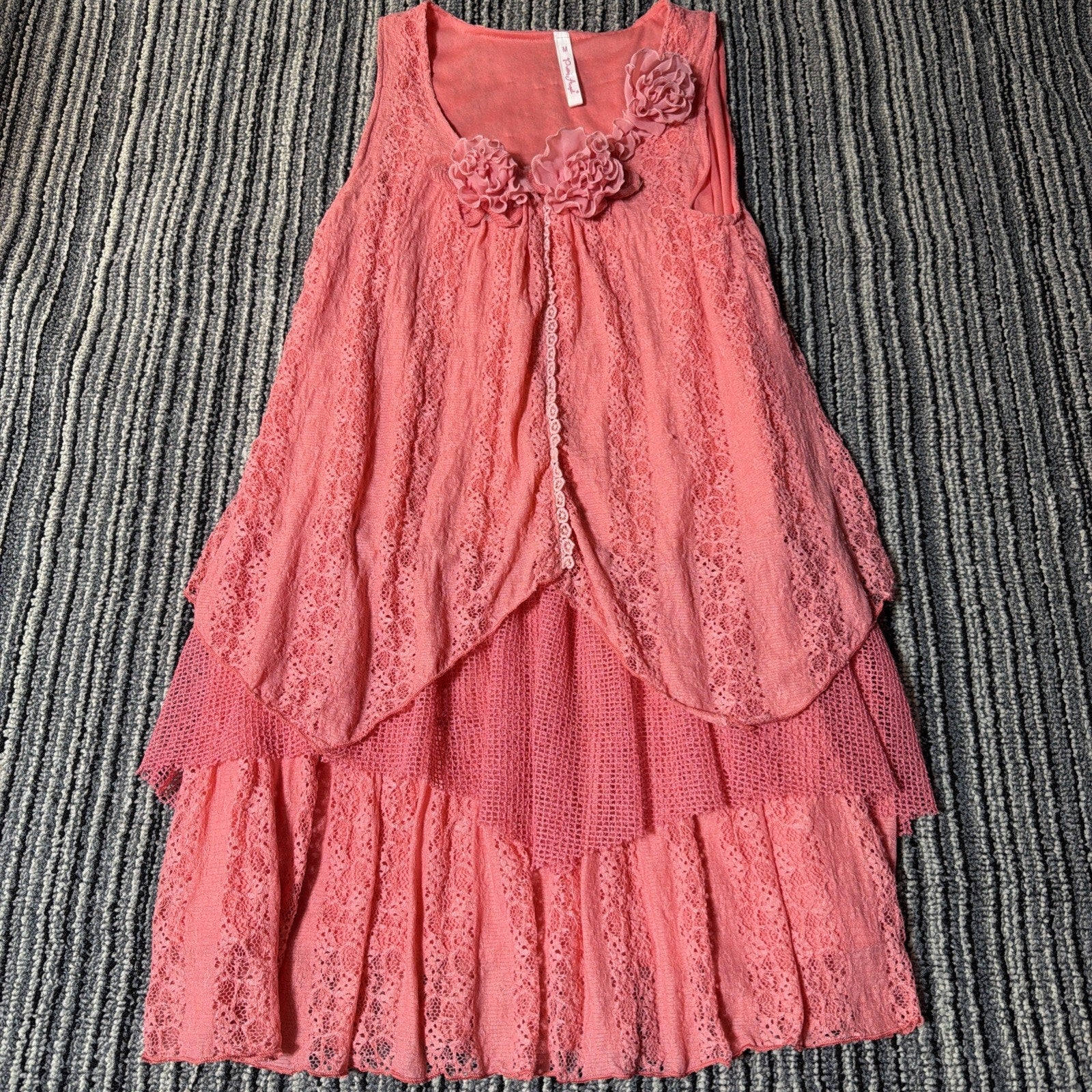 Pretty Angel Tiered Silk Mini Dress Flower Embellishment Size M Stretch Flowy