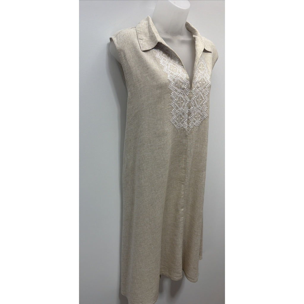 Banana Republic Biege Linen Dress Size XL Shift Midi White Embroidery