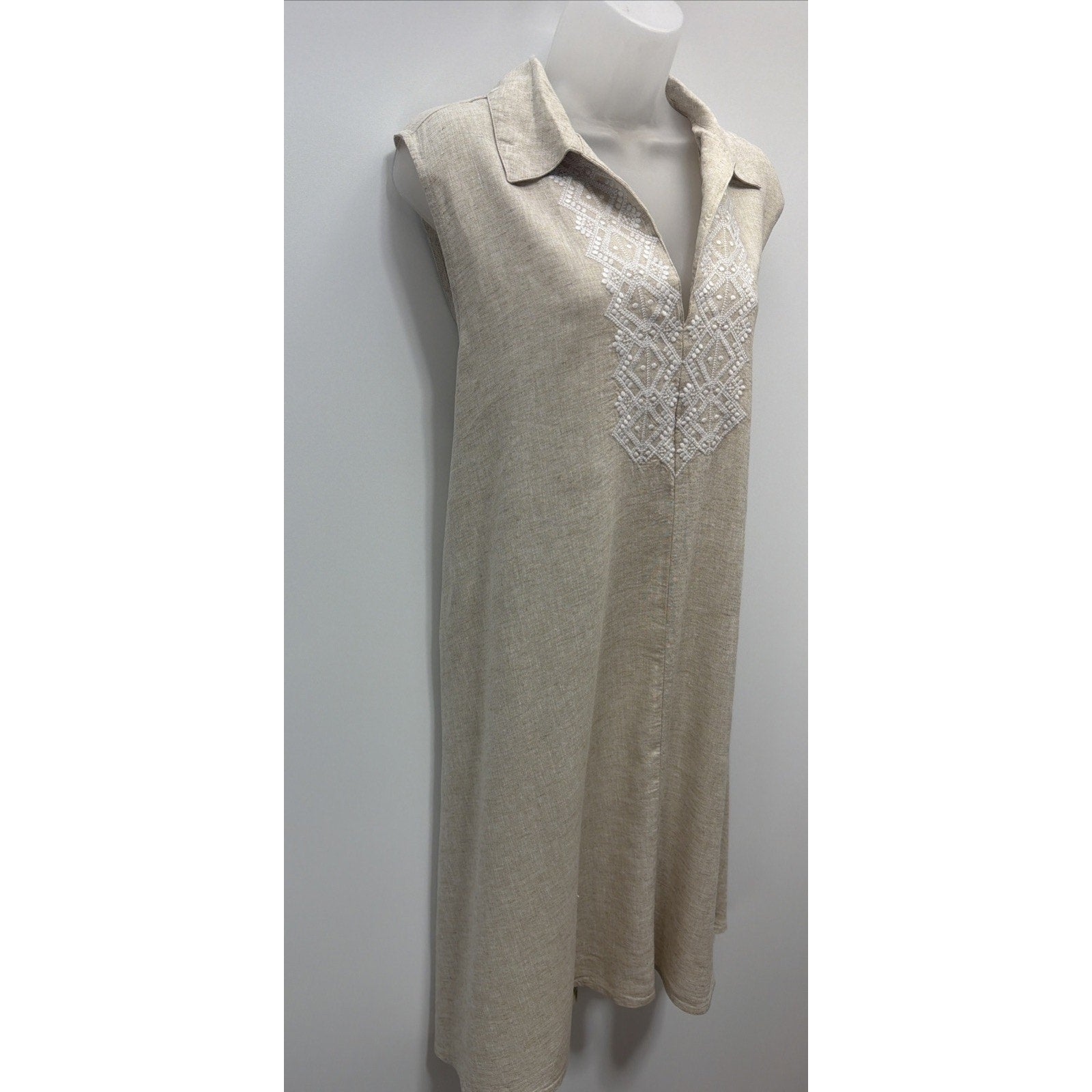 Banana Republic Biege Linen Dress Size XL Shift Midi White Embroidery