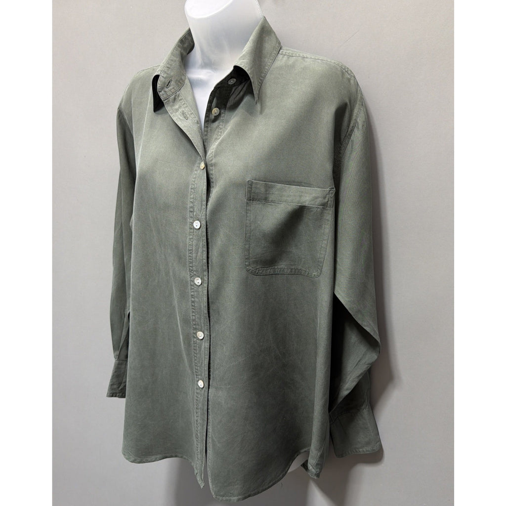 Vintage Kathie Lee Womans 12 Blouse Top Button Up Long Sleeve Green 100% Silk
