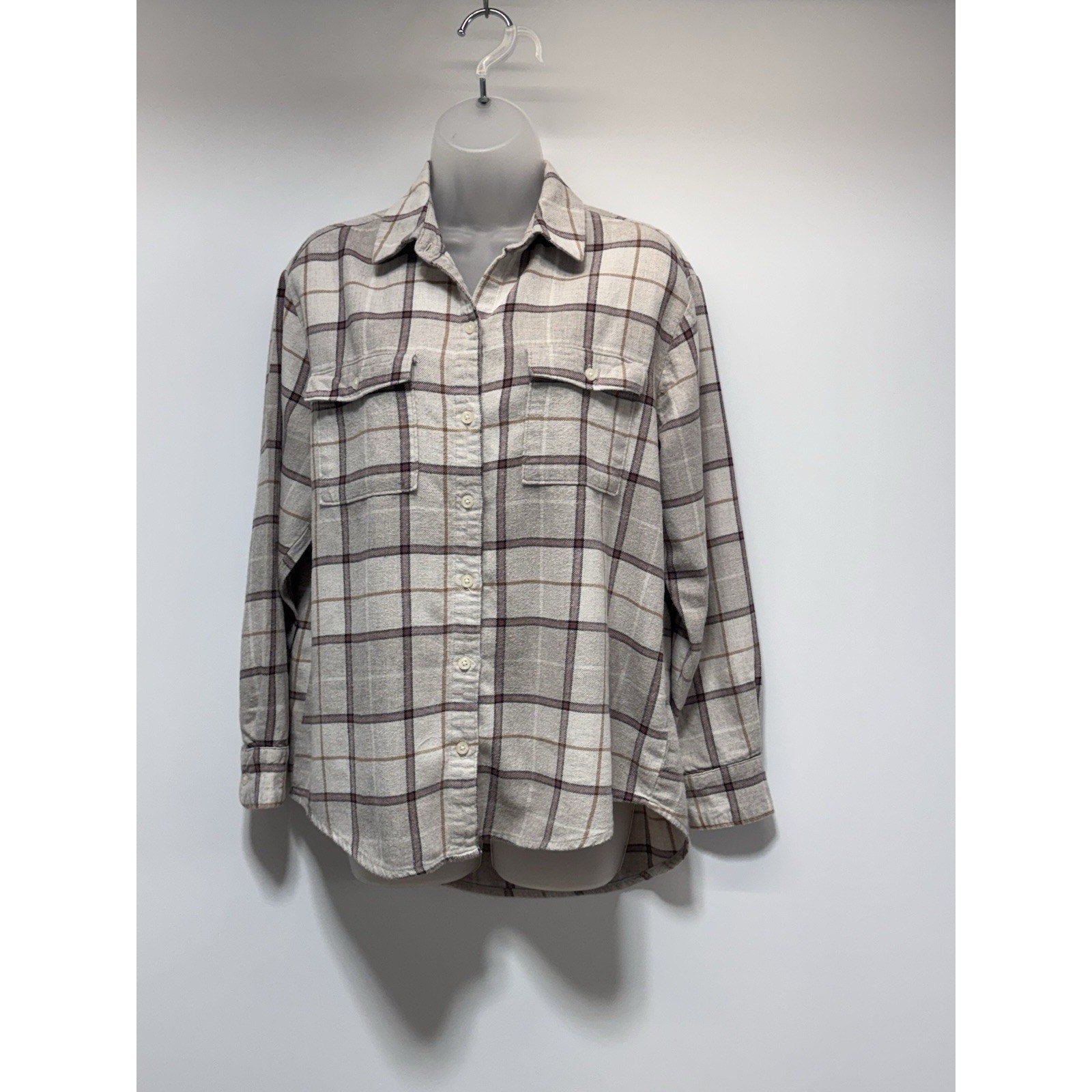 Old Navy Womens The Boyfriend Flannel Shirt Button Down Plaid Gray Purple Small