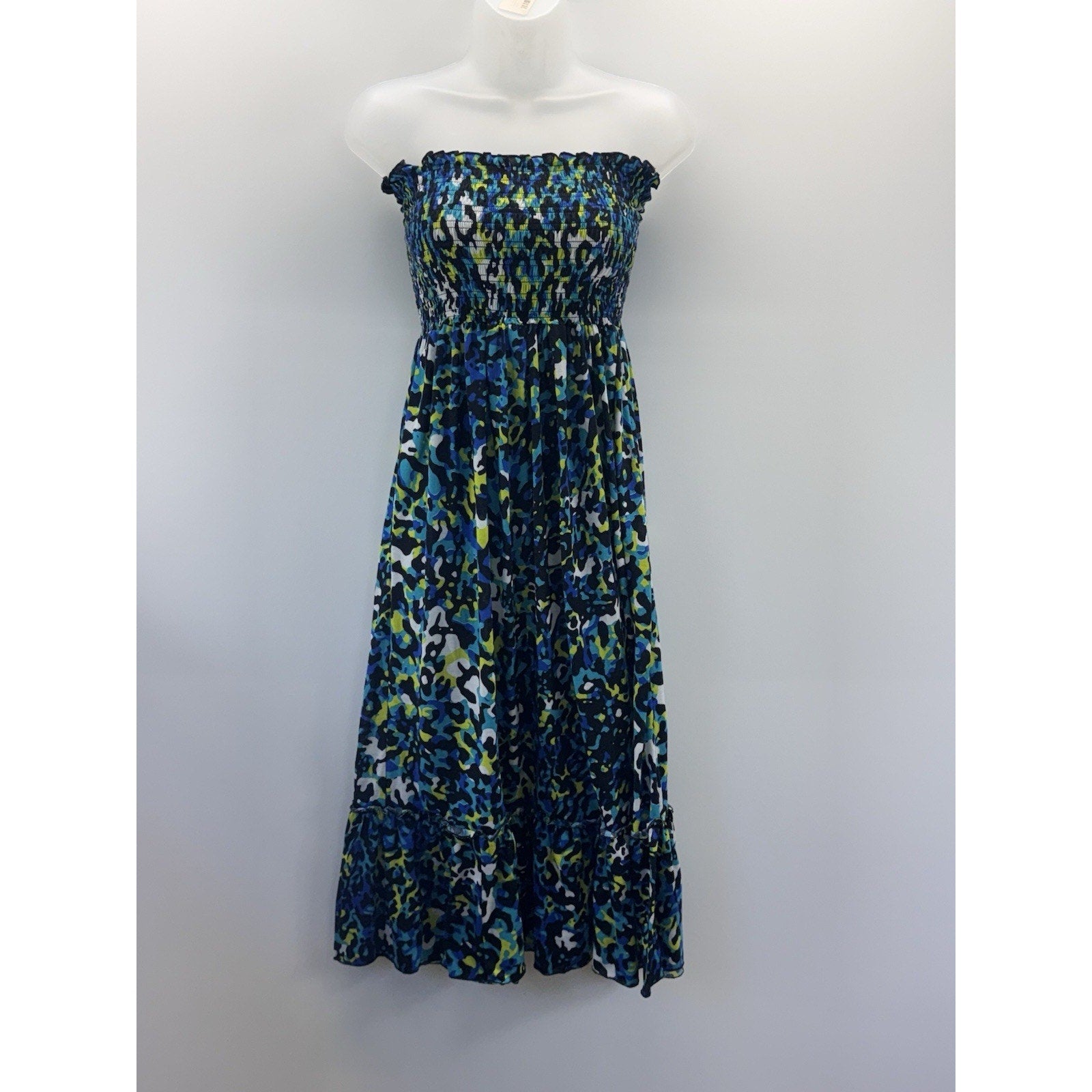 CATALINA Blue,Black & Yellow Animal Print Smocked Knit Maxi Dress Women’s Small