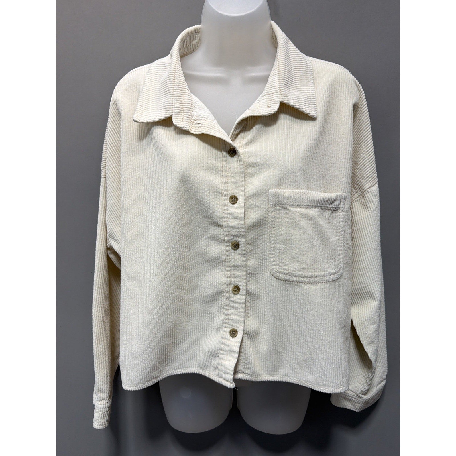 American Eagle Cropped Corduroy Jacket Womens Large Ivory Button Front Oversized