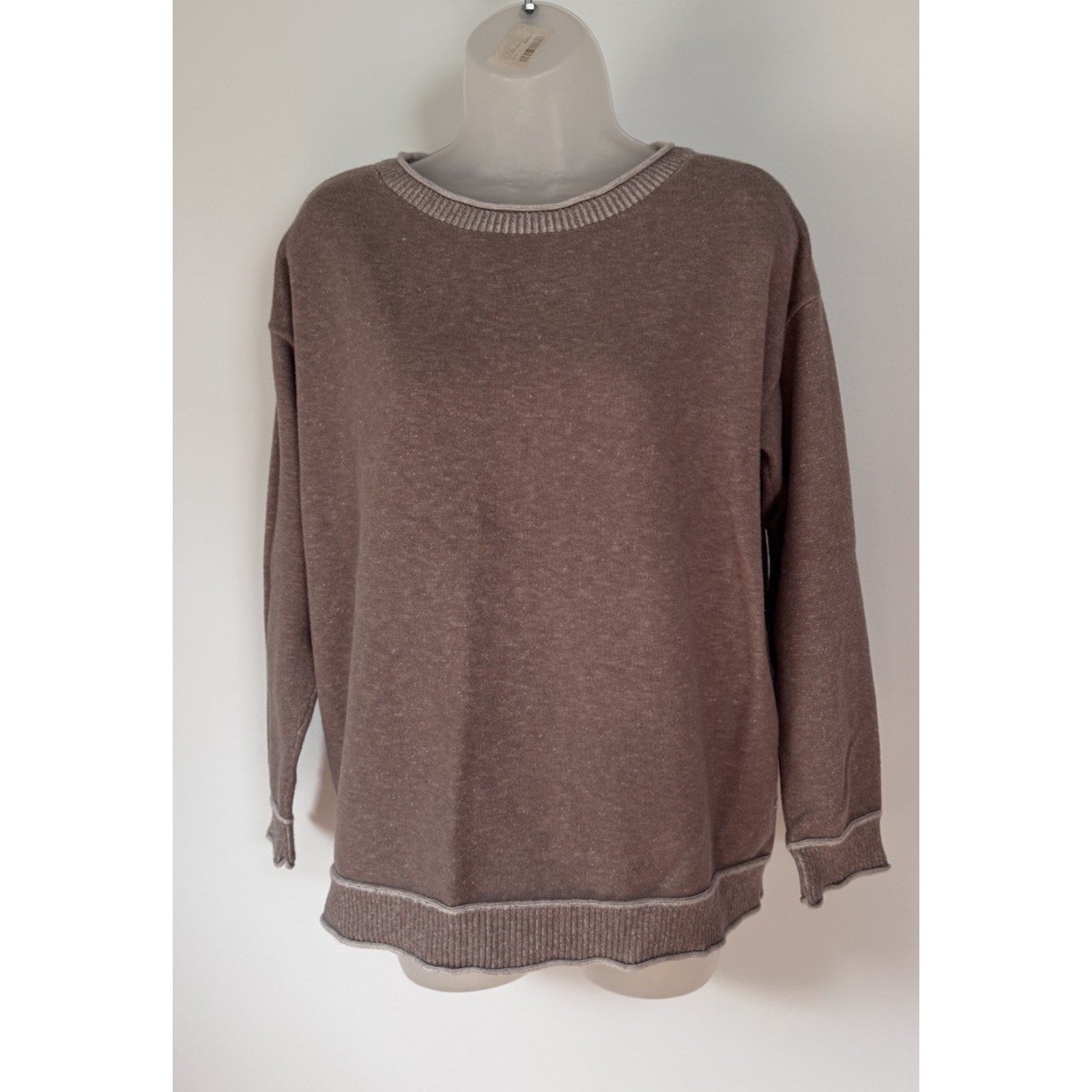 Chico's Womens 2 (12) Long Sleeve Stretch Knit Sweater Taupe Tan Cable Knit Hem