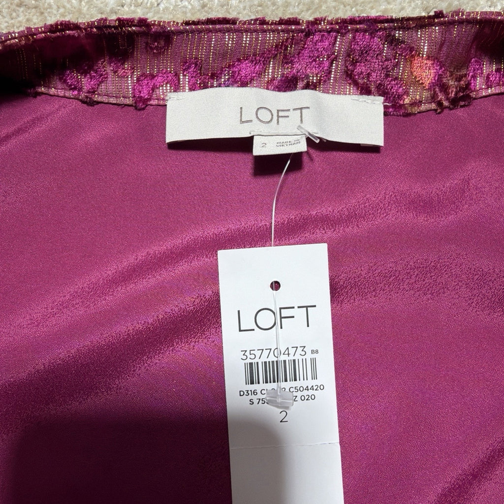 NWT LOFT $120 Shimmer Floral Velvet Wrap Dress Puff V-Neck Pink Purple Size 2