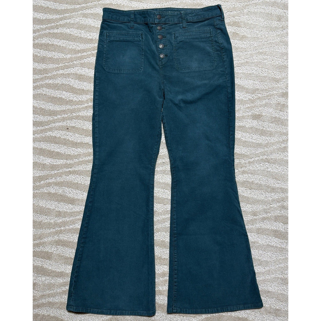 American Eagle Super Hi-Rise Flare Corduroy Pants Green Button Fly Women’s Sz 16