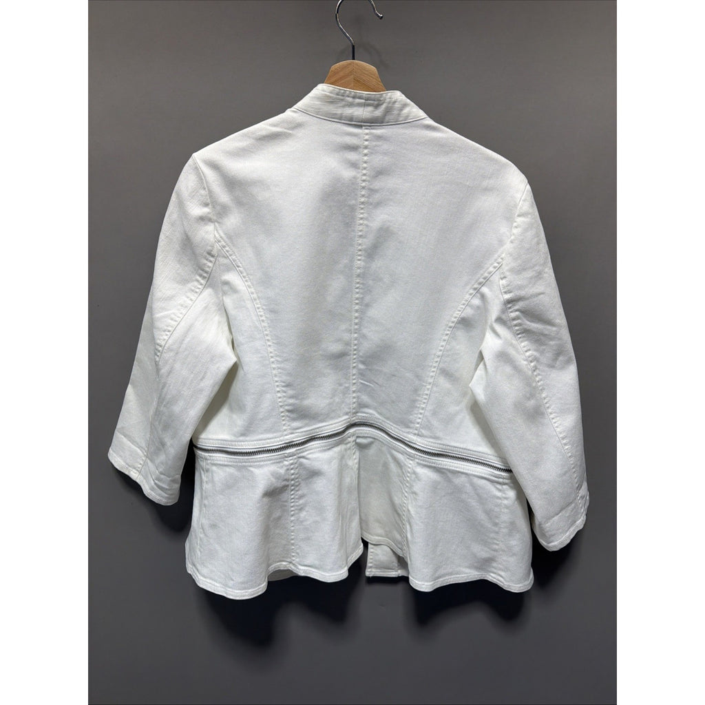 Chico's Jean Jacket Sz 2 L White Denim Peplum Cropped Convertible Open Front