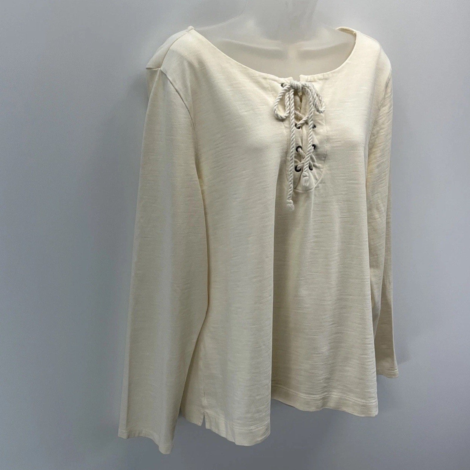 Talbots Cream Drop Shoulder nautical lace up neckline long sleeve cotton top XL