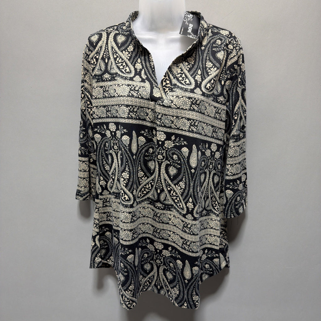 New BEPEI Womens Paisley All Over 3/4 Sleeve Tunic Blouse V Neck Size M Black