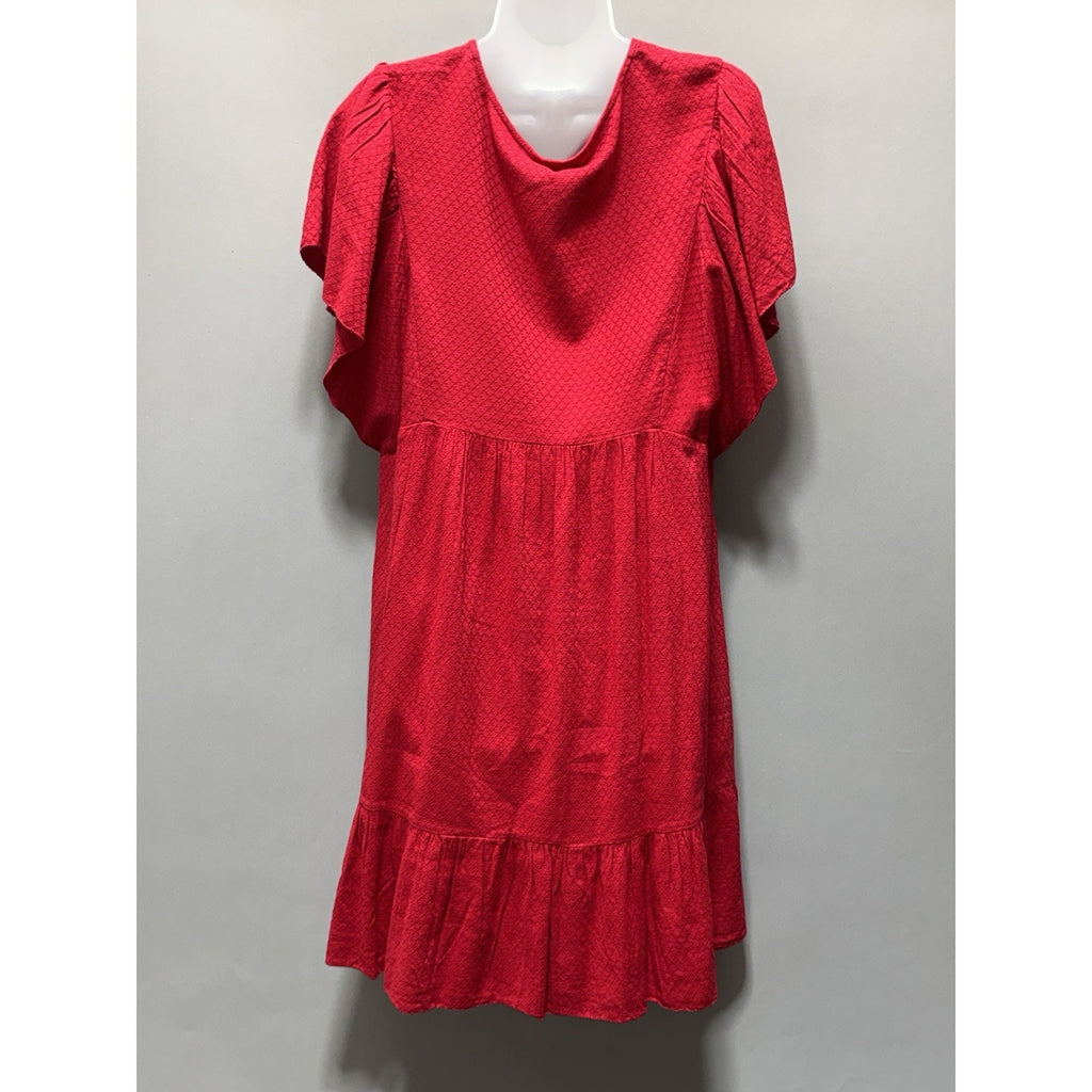 NWT Knox Rose Dress Large Red Textured Tie Neck Flutter Sleeve Tiered Midi Boho
