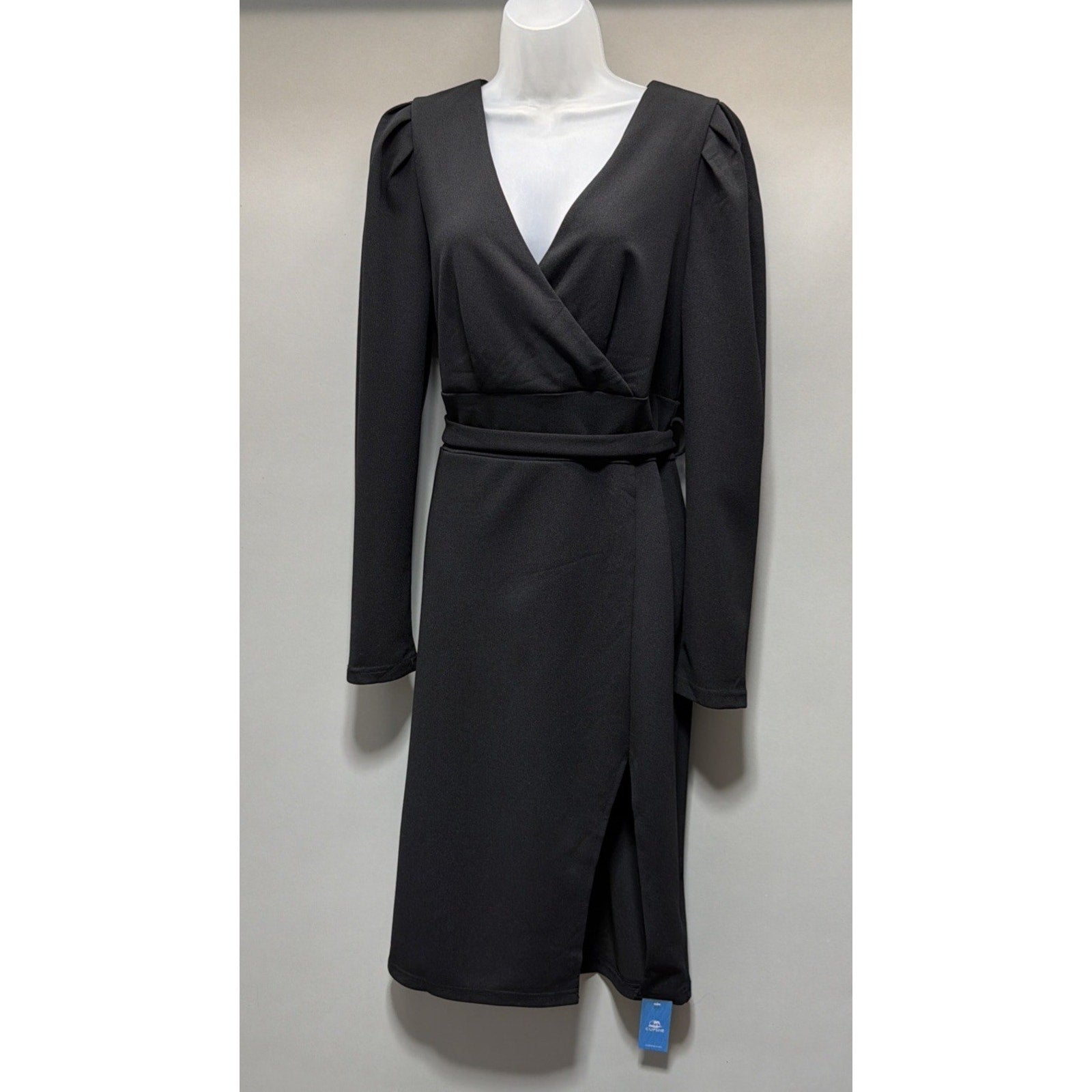 Cupshe Black Puff Shoulder Long Sleeve V Neck Midi Dress Tie Size L NWT
