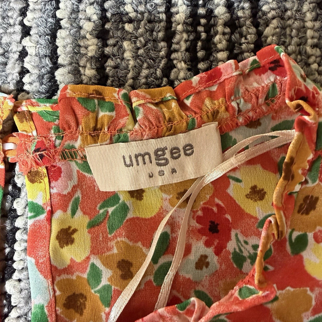 Umgee Floral Blouse Women’s Coral Ruffle Flutter Sleeve Keyhole Back Boho Top M