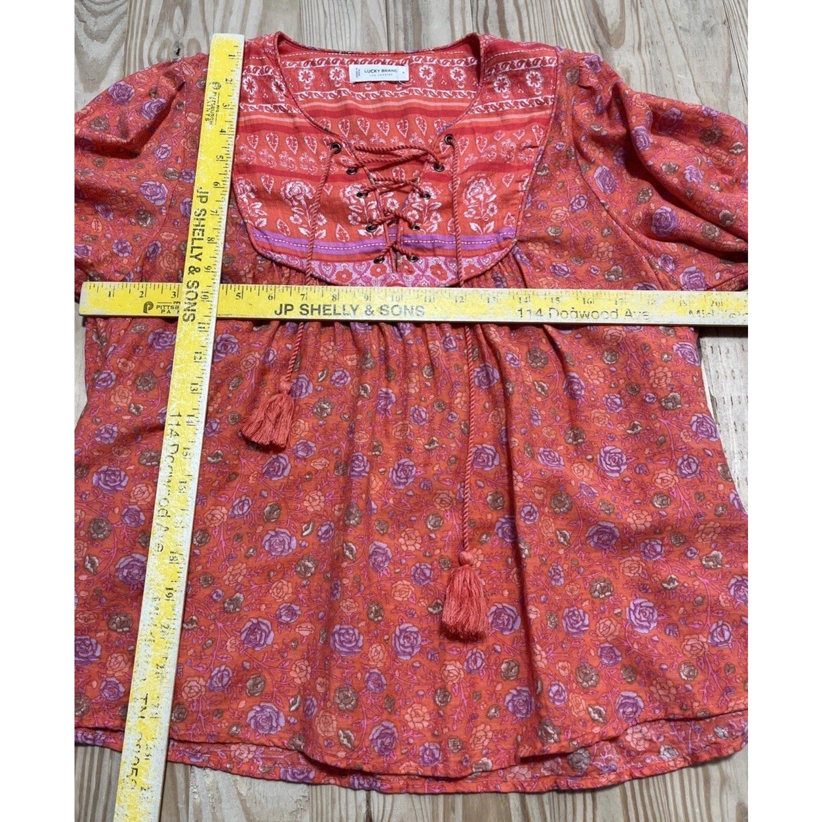 Lucky Brand Floral Lace Up Multi Long Sleeve Peasant Top Blouse Sz S