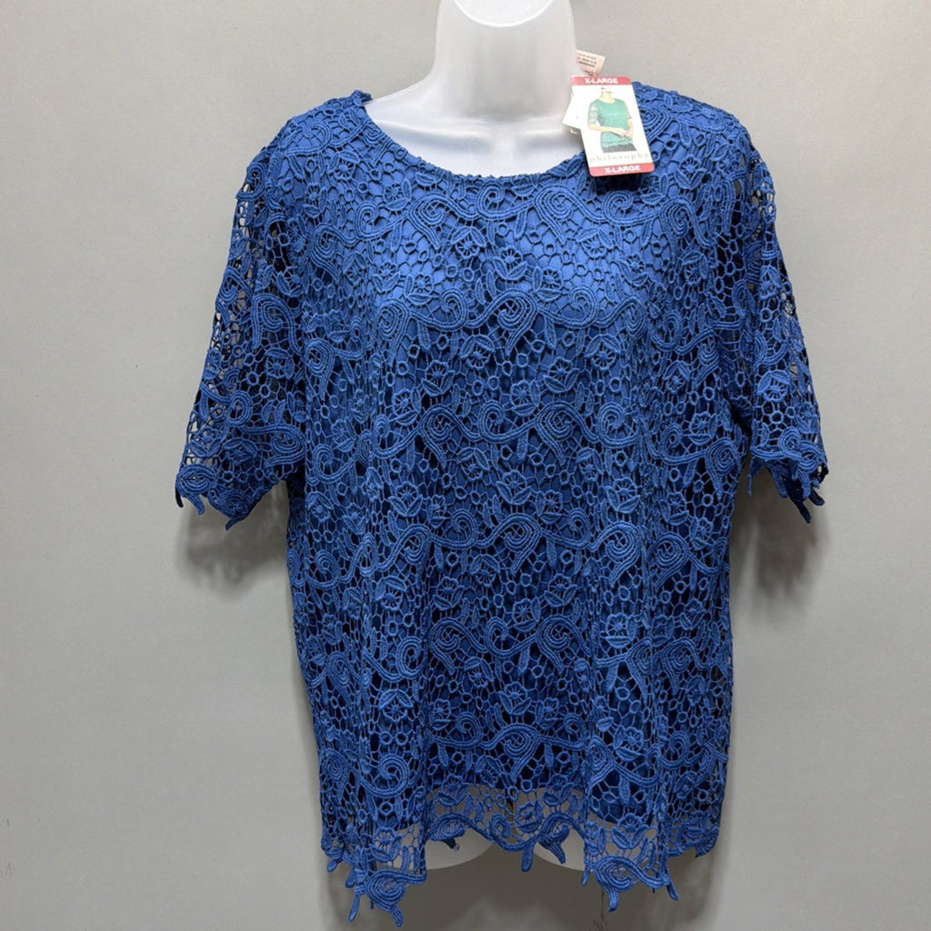NWT Philosophy XL Blue Lace Short Sleeve Blouse Lined Pearl Button Closure