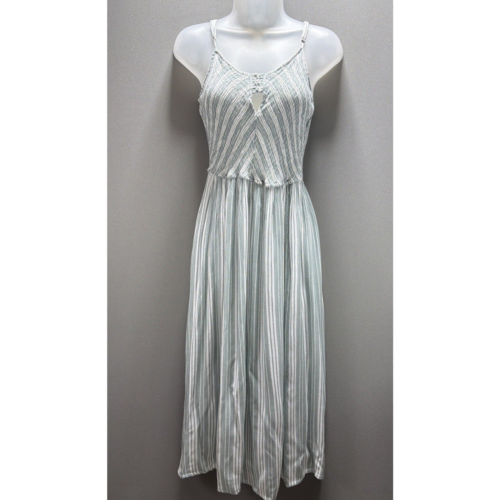 Jodifl Womens L Sage Green Striped Smocked Maxi Dress Boho Adjustable Straps