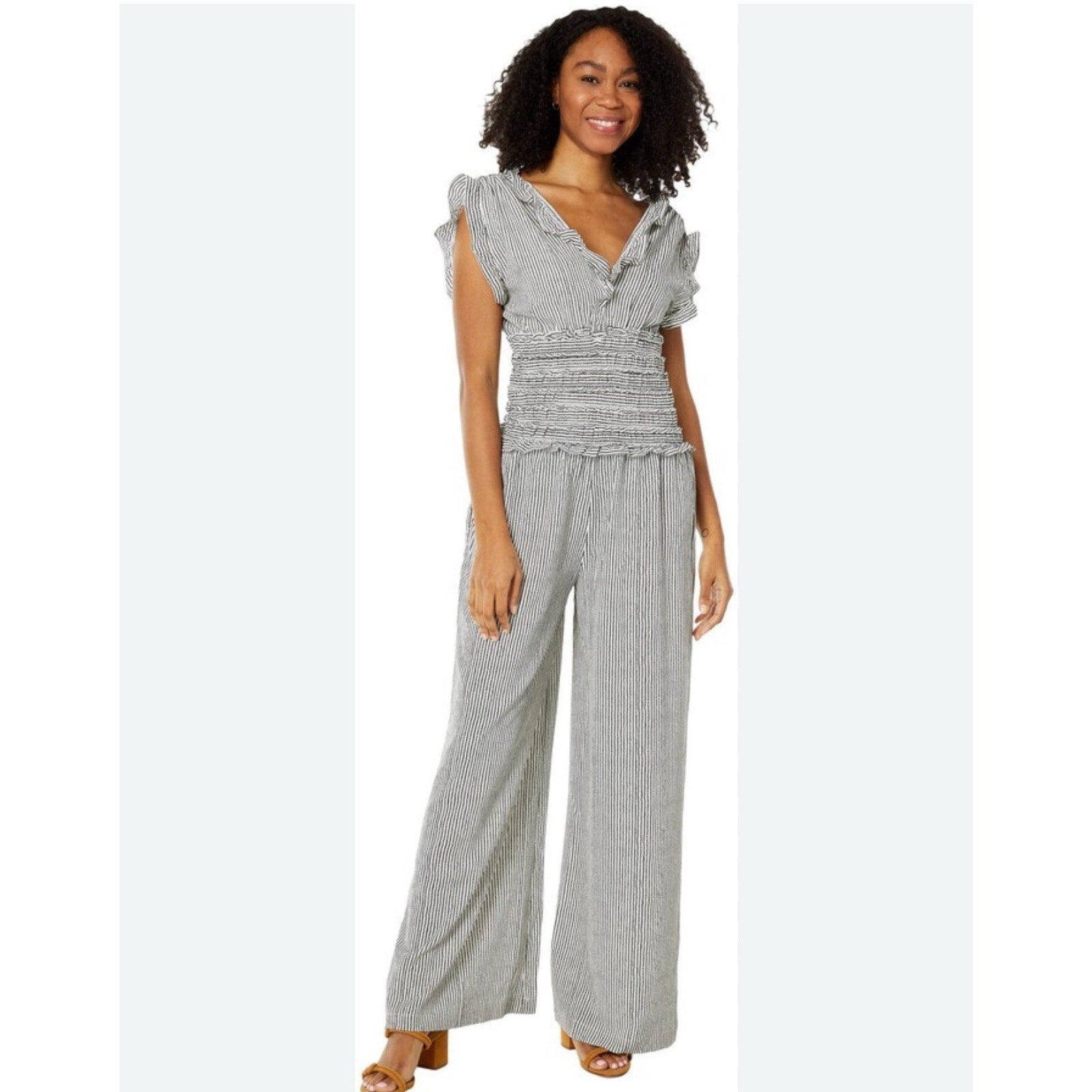 Max Studio NWT Smocked Waist Surplice Neck Wide Leg Crepe Jumpsuit Black Multi