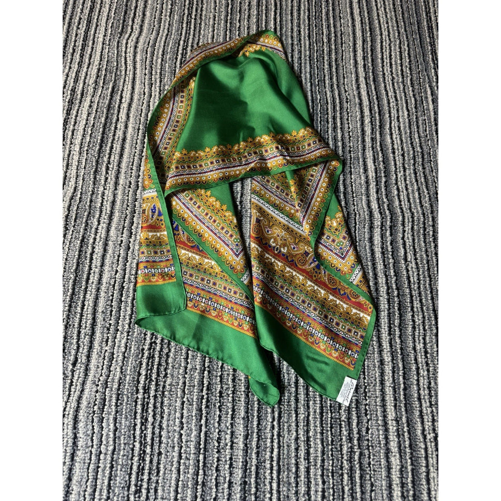 Vintage Burmel Scarf 100% Pure Silk Green Paisley Border Made in Japan 46”