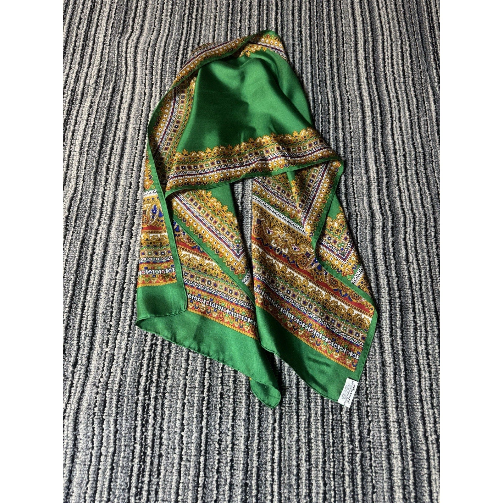 Vintage Burmel Scarf 100% Pure Silk Green Paisley Border Made in Japan 46”