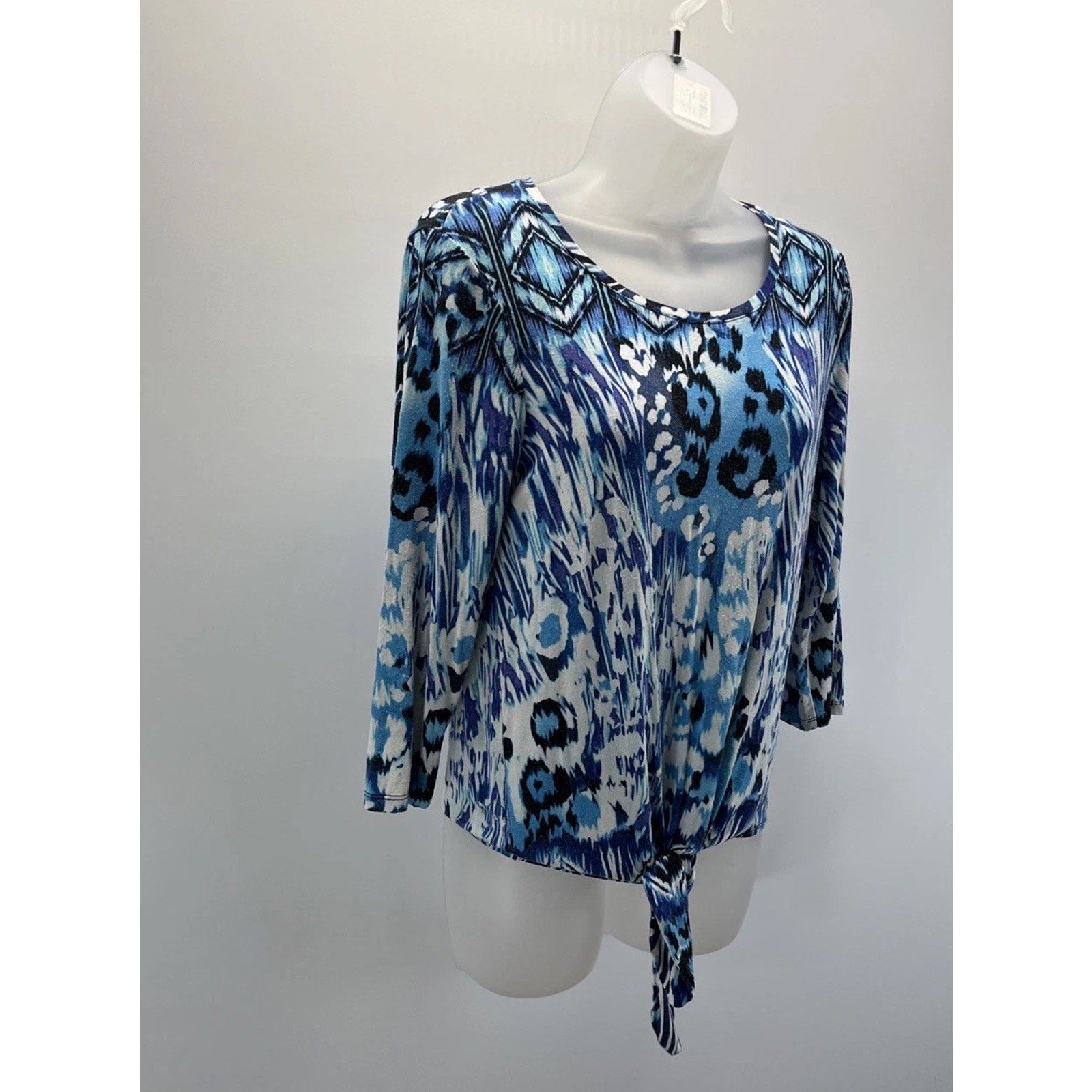 Chico's Blue White Mixed Print Tie Hem 3/4 Sleeve Knit Top - Size 0 S