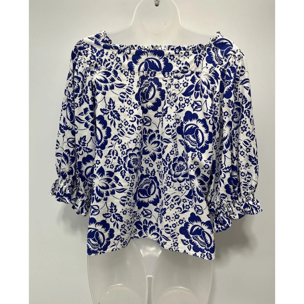 Rachel Zoe Women 3/4 Sleeve Button Linen Rayon Top Size M White Blue Floral