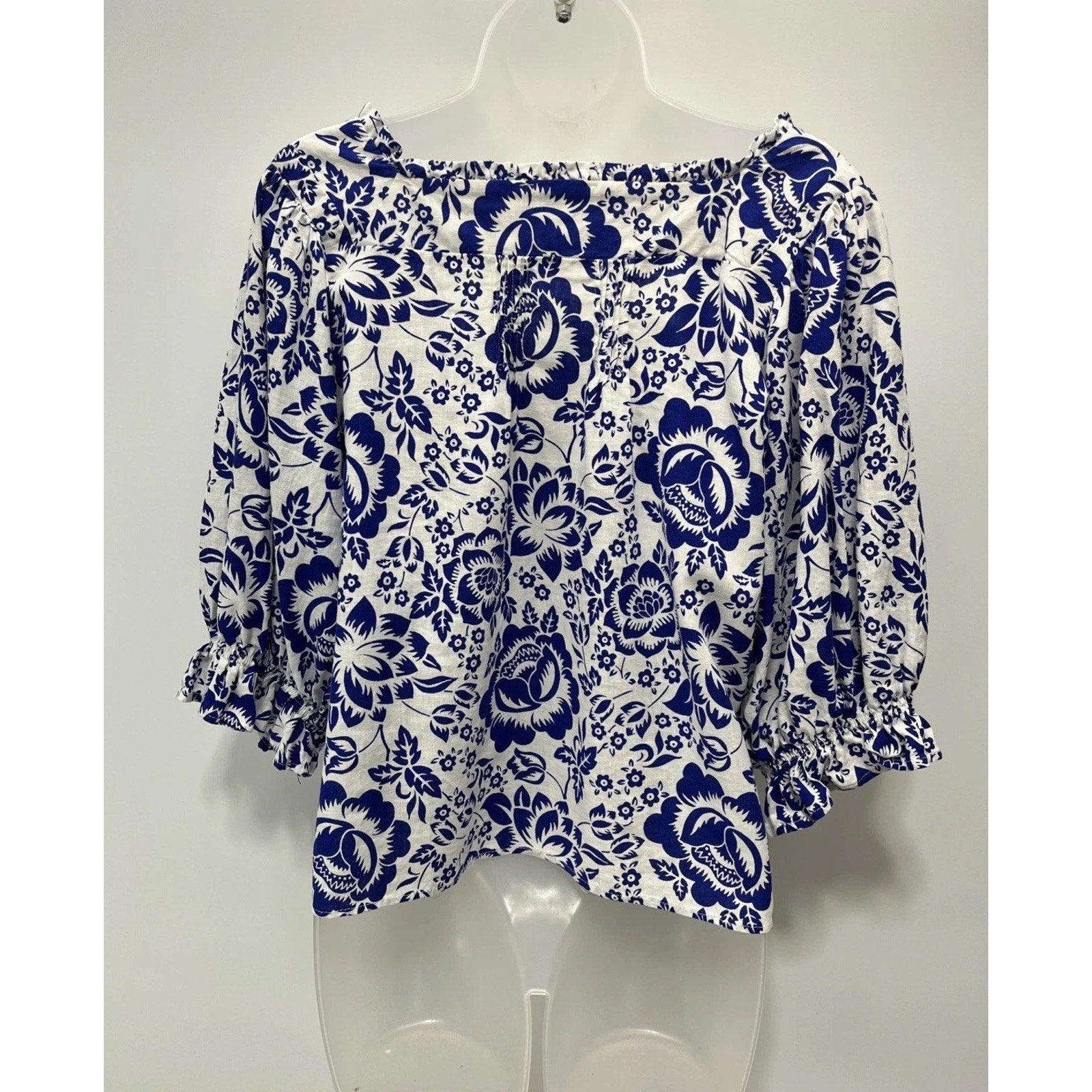 Rachel Zoe Women 3/4 Sleeve Button Linen Rayon Top Size M White Blue Floral
