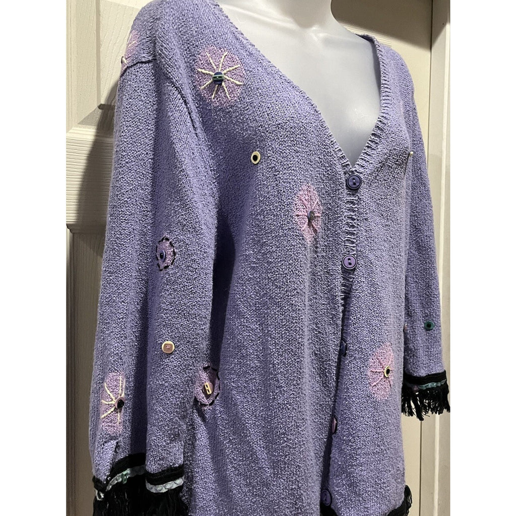 Ann Trinity Women's Embroidery Beaded Cardigan Sweater XL Purple Blue Floral